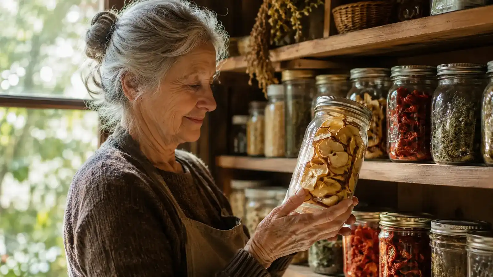 Rows of glass pantry jars filled with dried apples, tomatoes, and herbs on a kitchen shelf