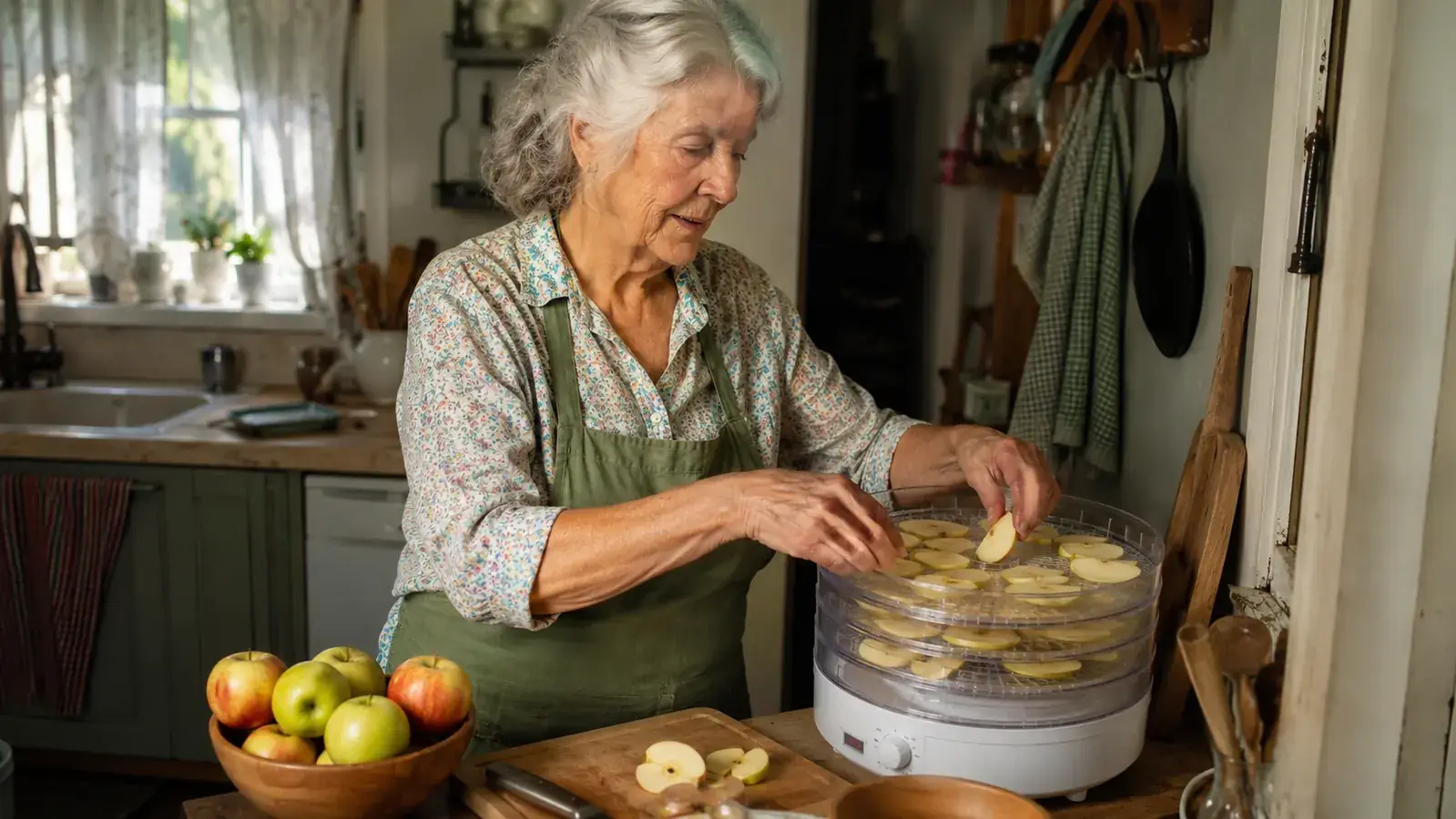 An older woman standing at a small kitchen counter loading sliced apples onto the trays of an electric food dehydrator