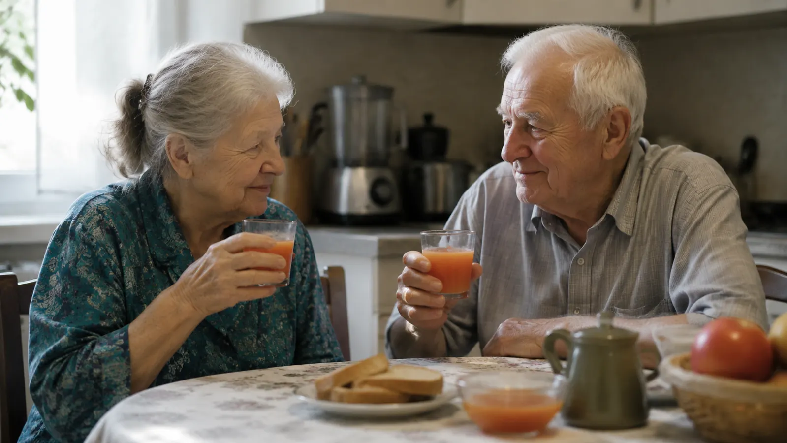 An older woman and her husband sitting at a small kitchen table sharing two small glasses of fresh juice in the morning