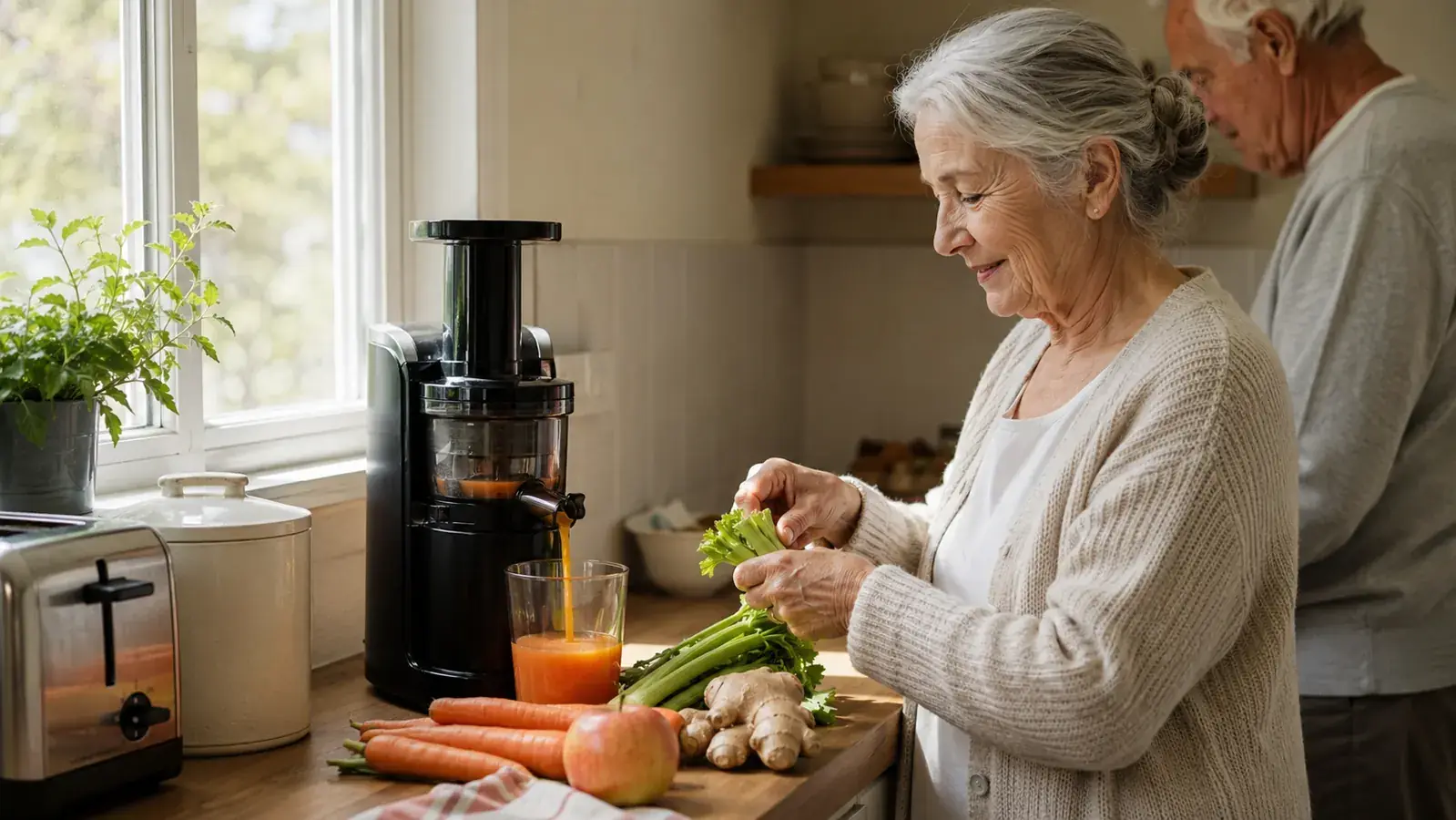 A small black juicer sitting on a narrow kitchen counter next to whole carrots, an apple, and a bunch of celery in soft morning light
