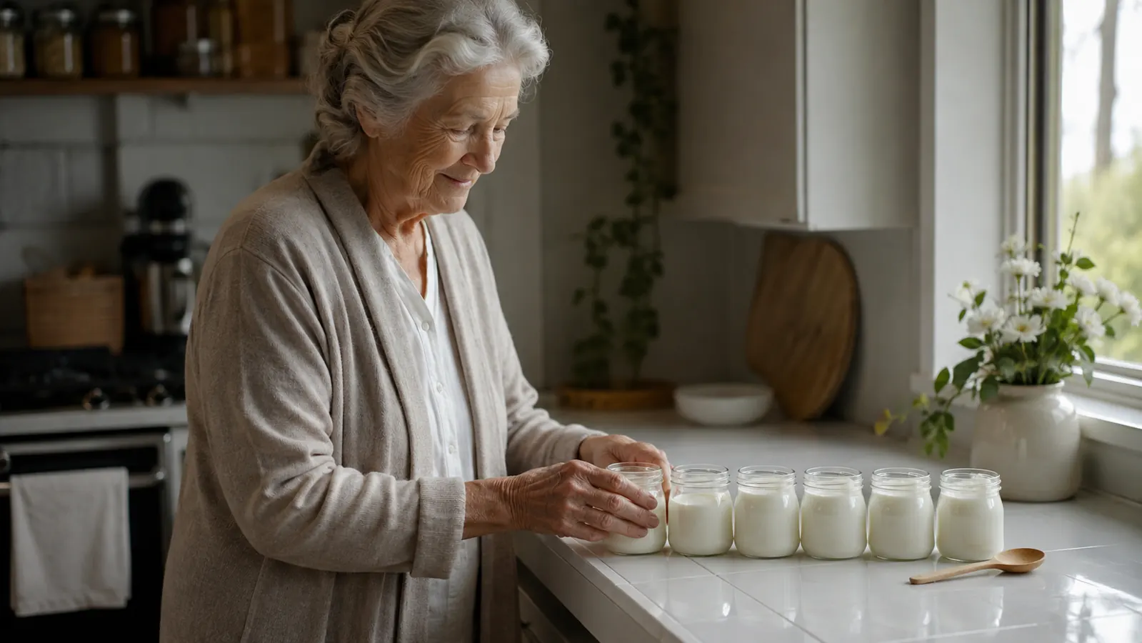 Small glass jars of plain homemade yogurt lined up on a kitchen counter in soft morning light