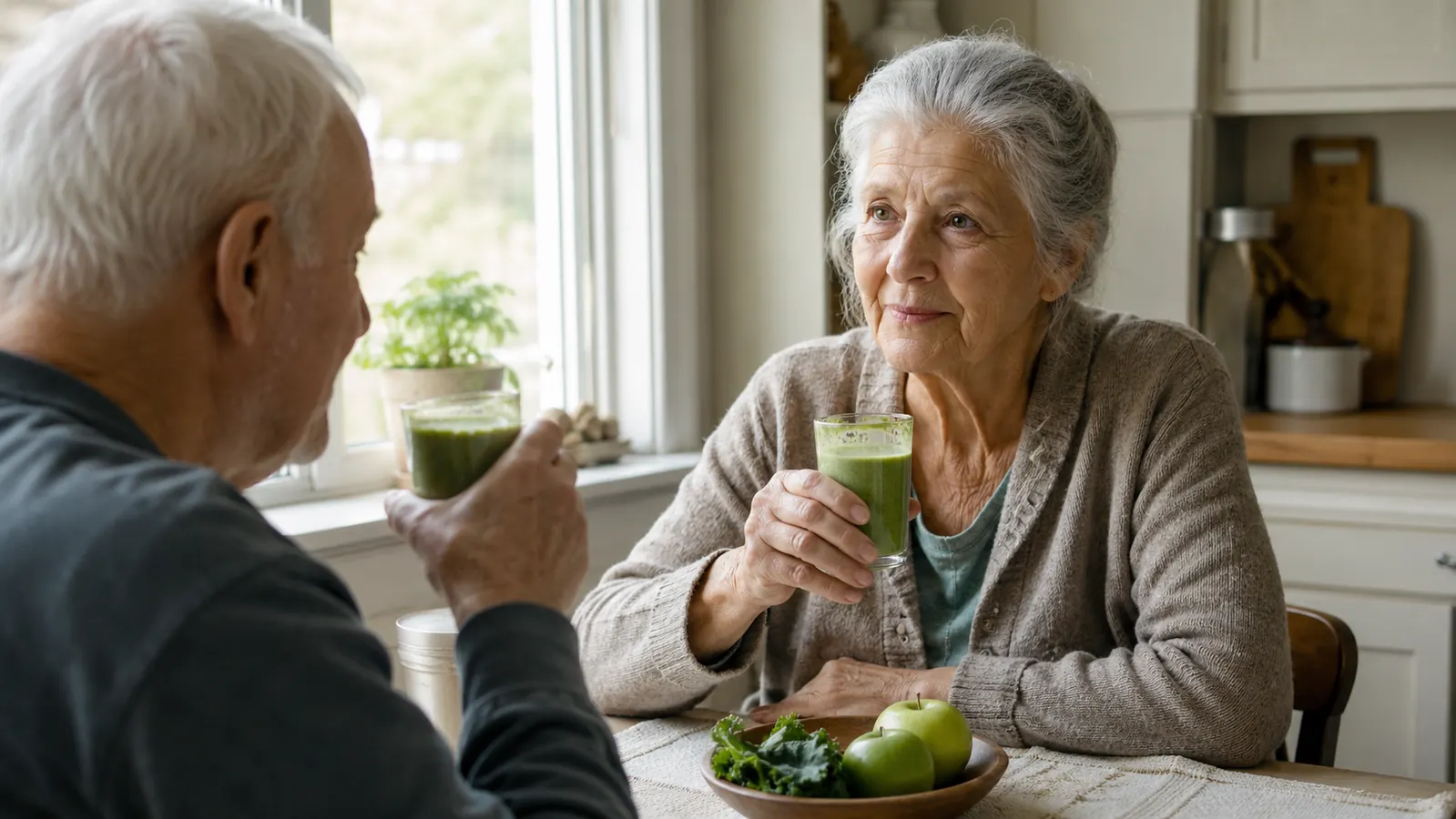 An older couple at a small kitchen table each holding a smoothie in the morning light