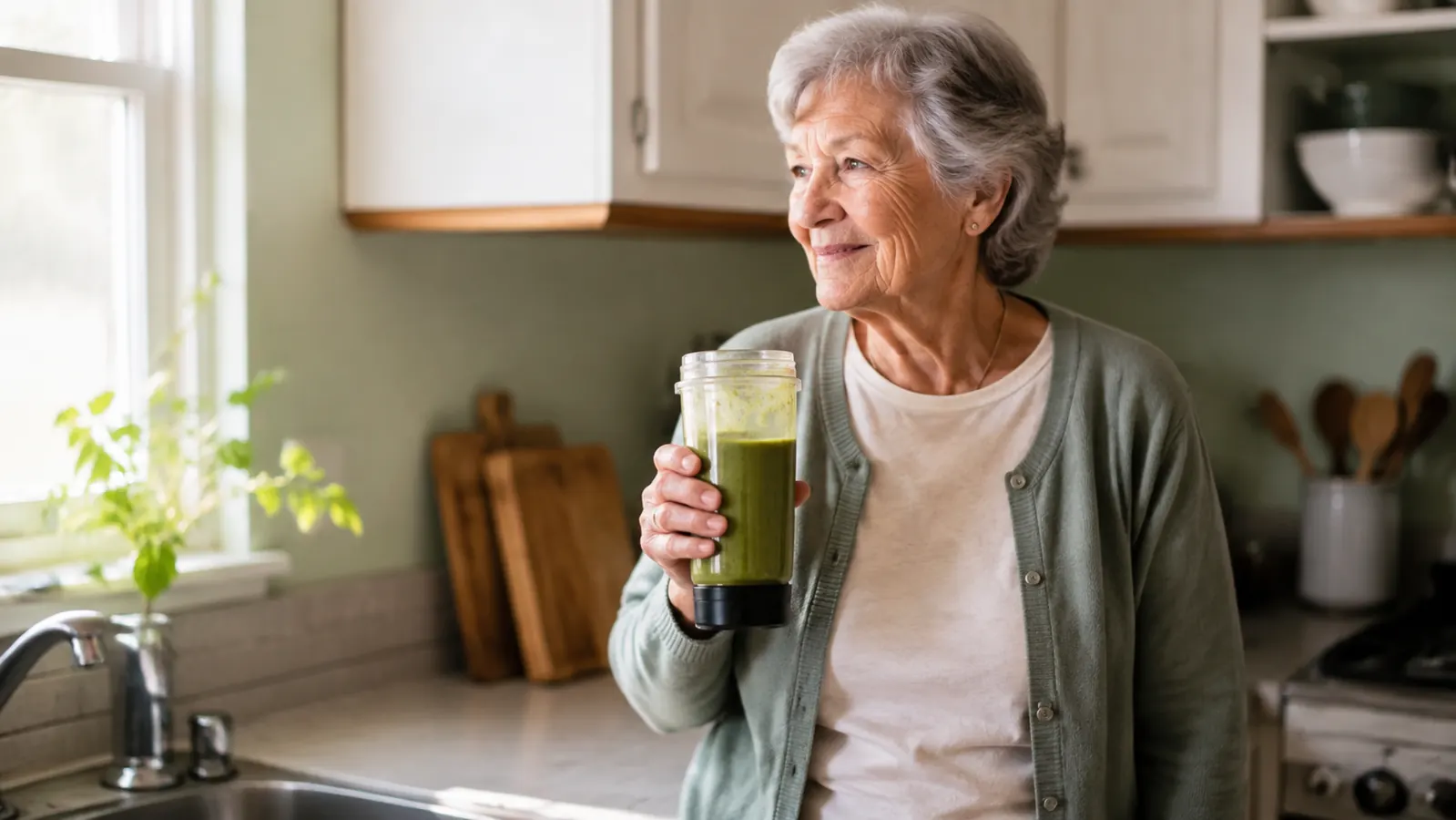 An older woman standing at a small kitchen counter holding a personal blender cup filled with a green smoothie