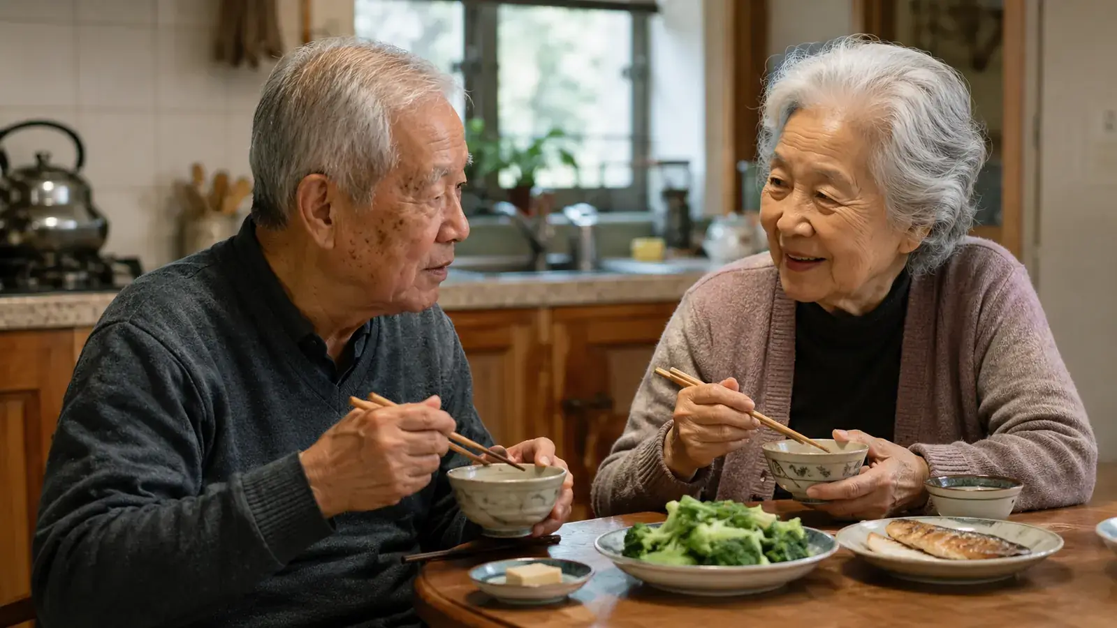 An older couple at a small kitchen table sharing a plate of bright green steamed vegetables and salmon