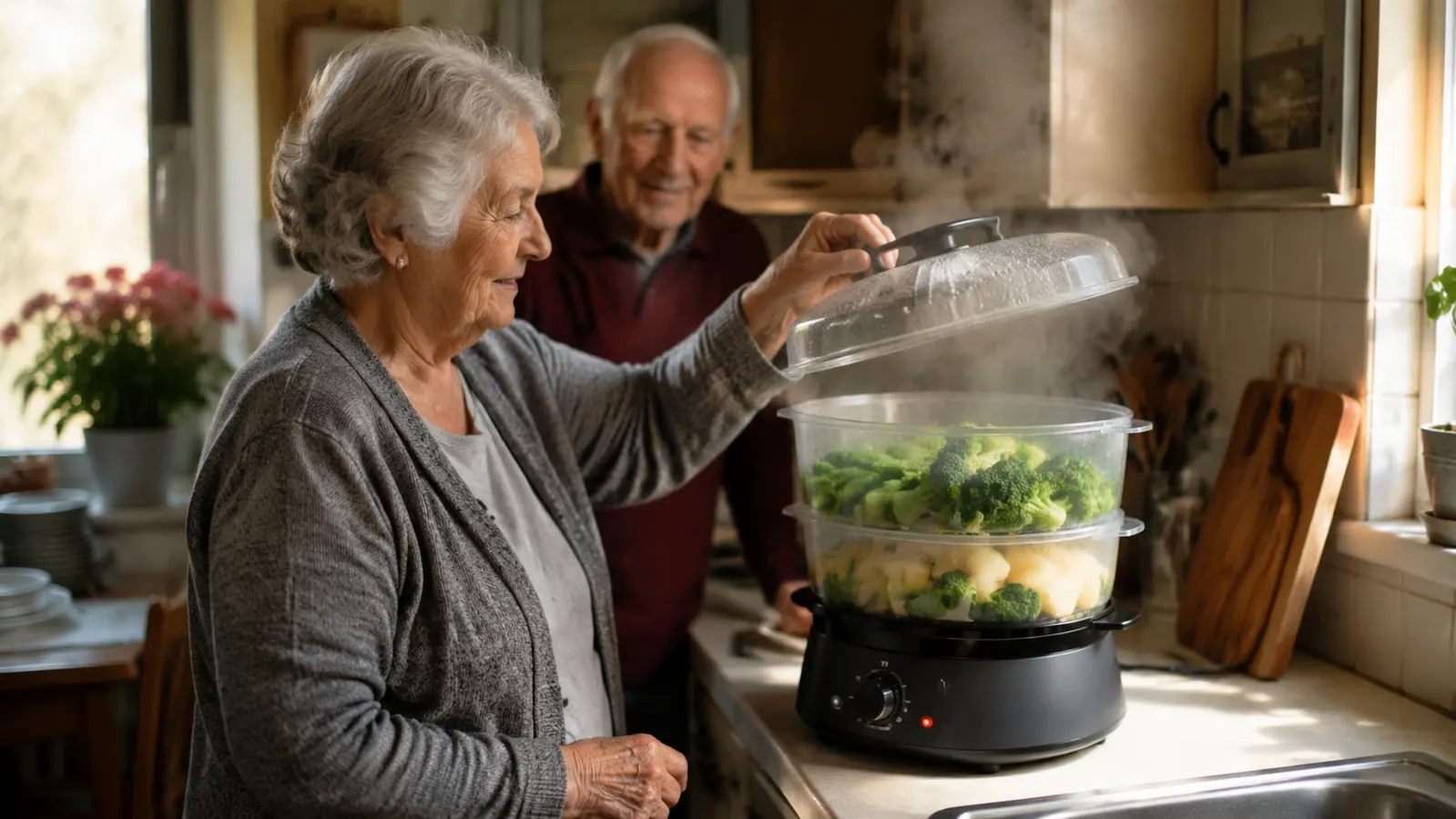 An older woman lifting the lid off a black two tier food steamer on a small kitchen counter with steam rising