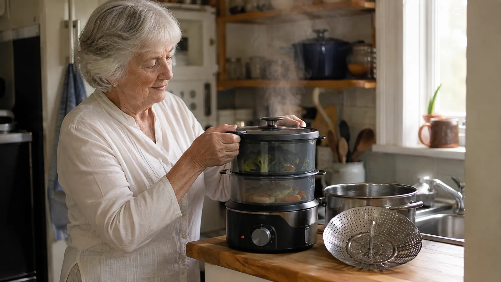 A black two tier electric food steamer sitting on a kitchen counter next to a saucepan with a collapsible steamer basket inside it