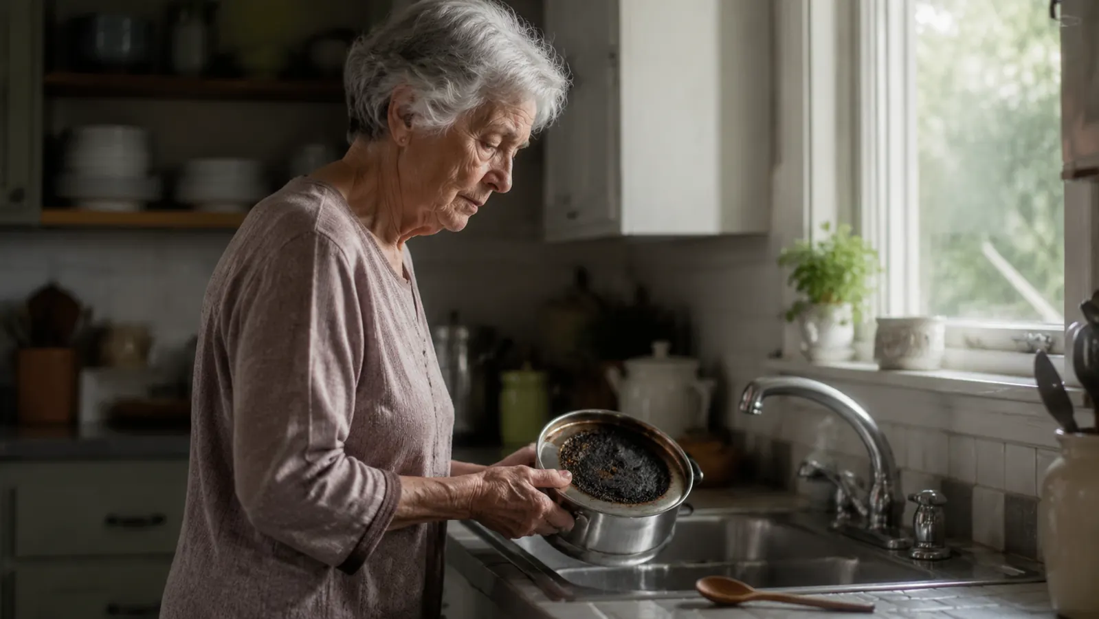 An older woman standing at a kitchen counter looking at a scorched stainless pot in her sink
