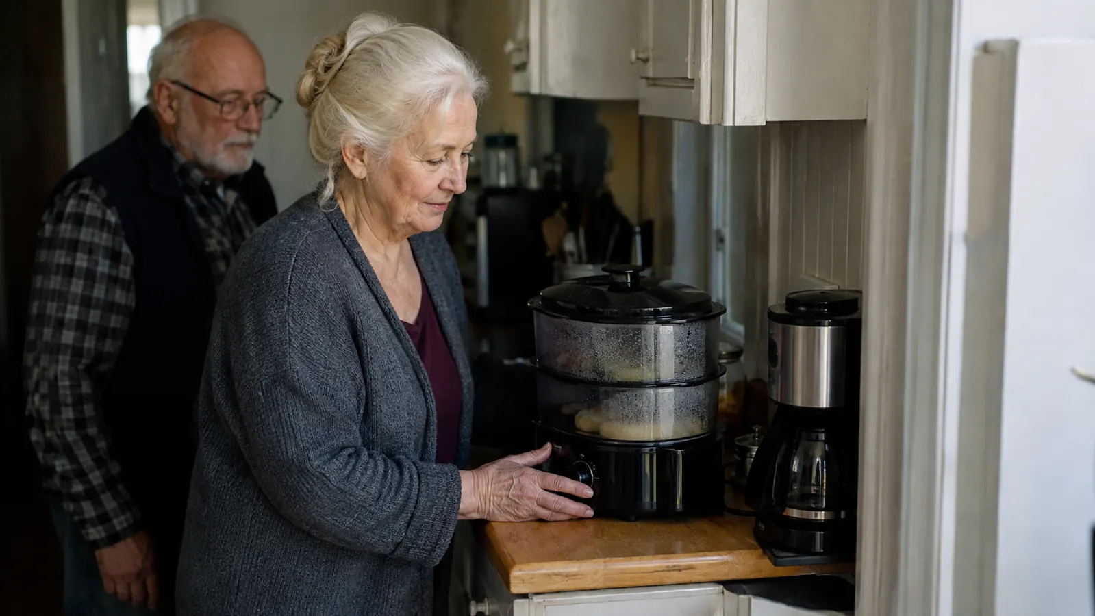 A black two tier electric food steamer taking up most of a narrow kitchen counter next to a coffee maker