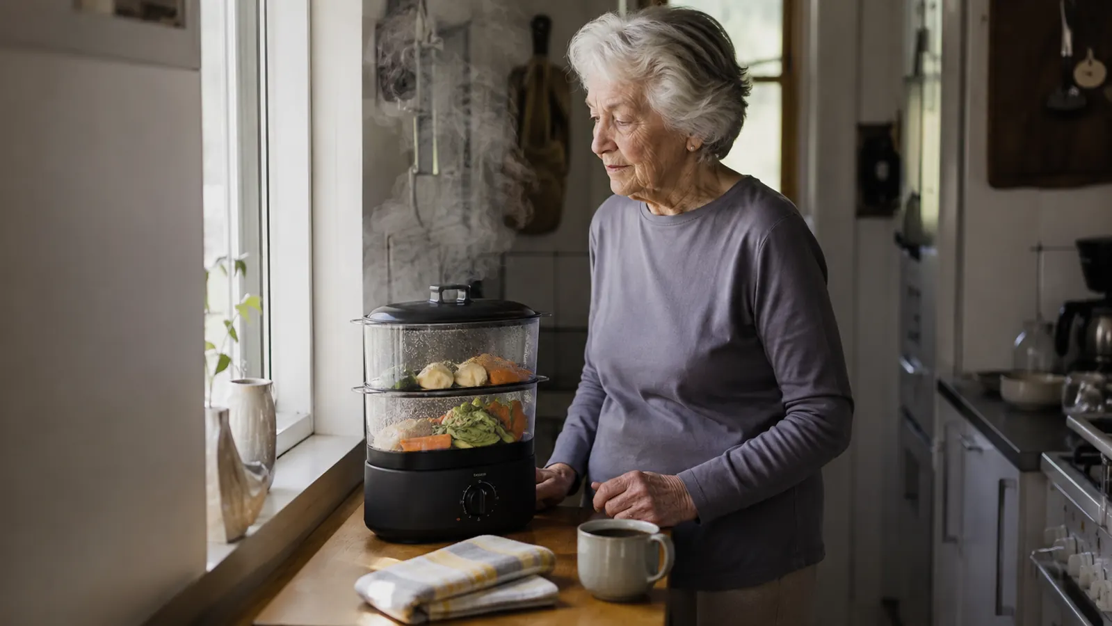 A black two tier electric food steamer on a small kitchen counter with steam rising from the lid