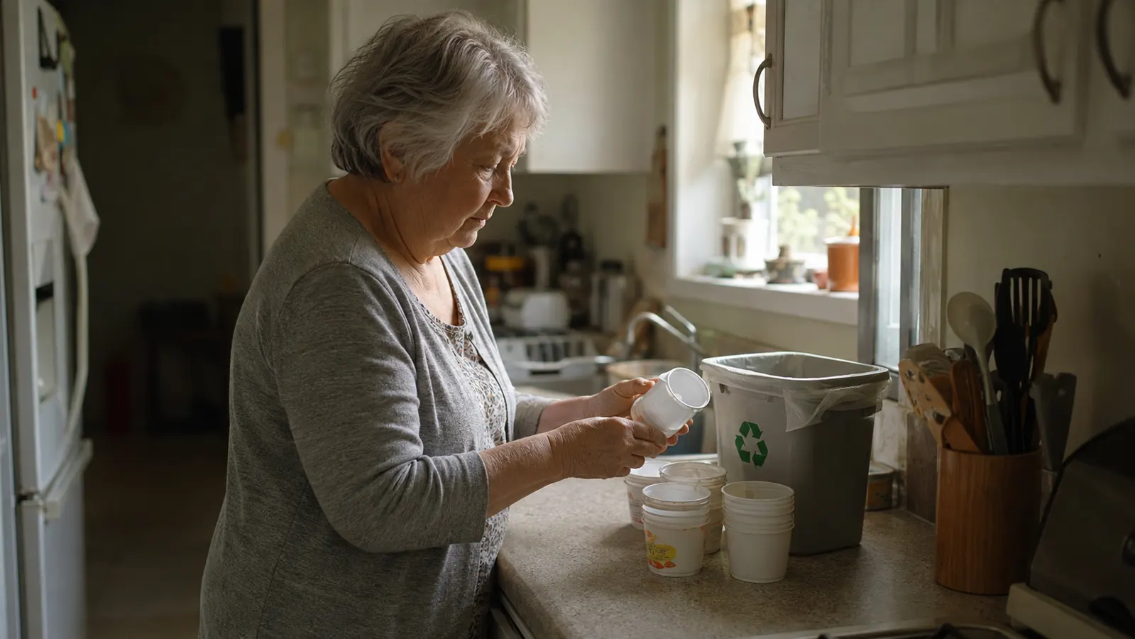An older woman standing at a small kitchen counter looking at a row of empty plastic yogurt cups beside a recycling bin
