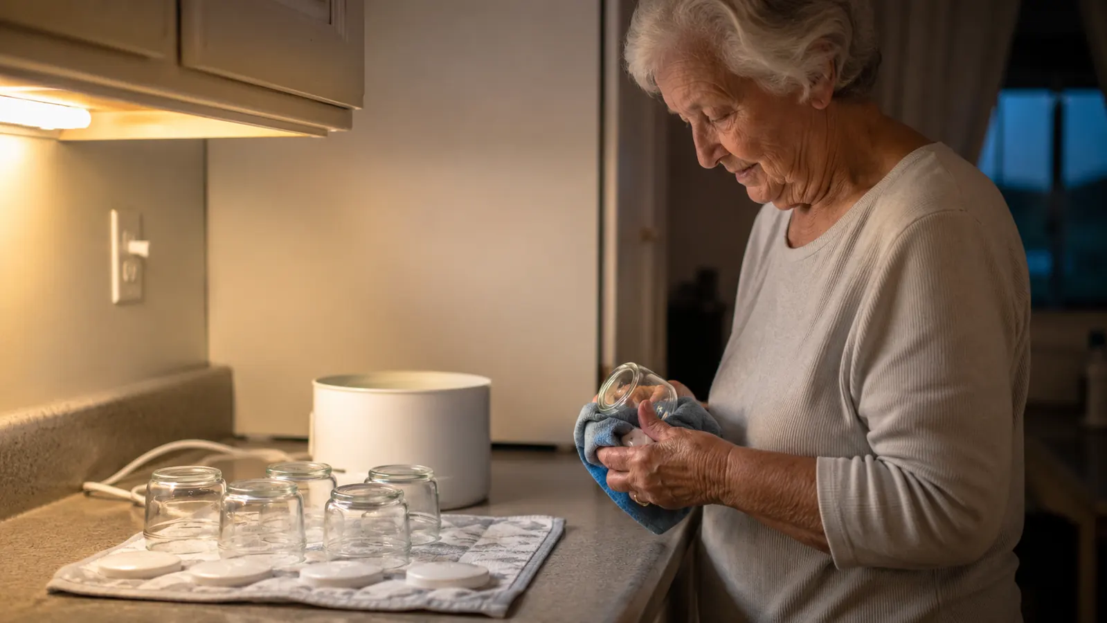 Seven empty glass yogurt jars and their lids drying upside down on a folded dish towel next to a small electric yogurt maker base