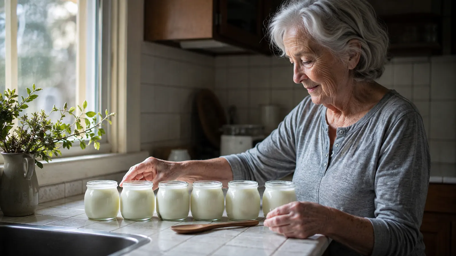 Seven small glass yogurt jars filled with plain white yogurt lined up on a small kitchen counter near a window