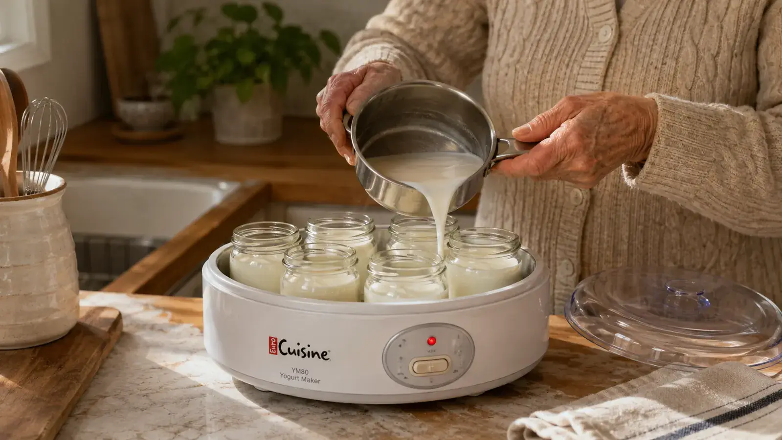 A woman's hand pouring warmed milk into a small glass jar for a yogurt maker