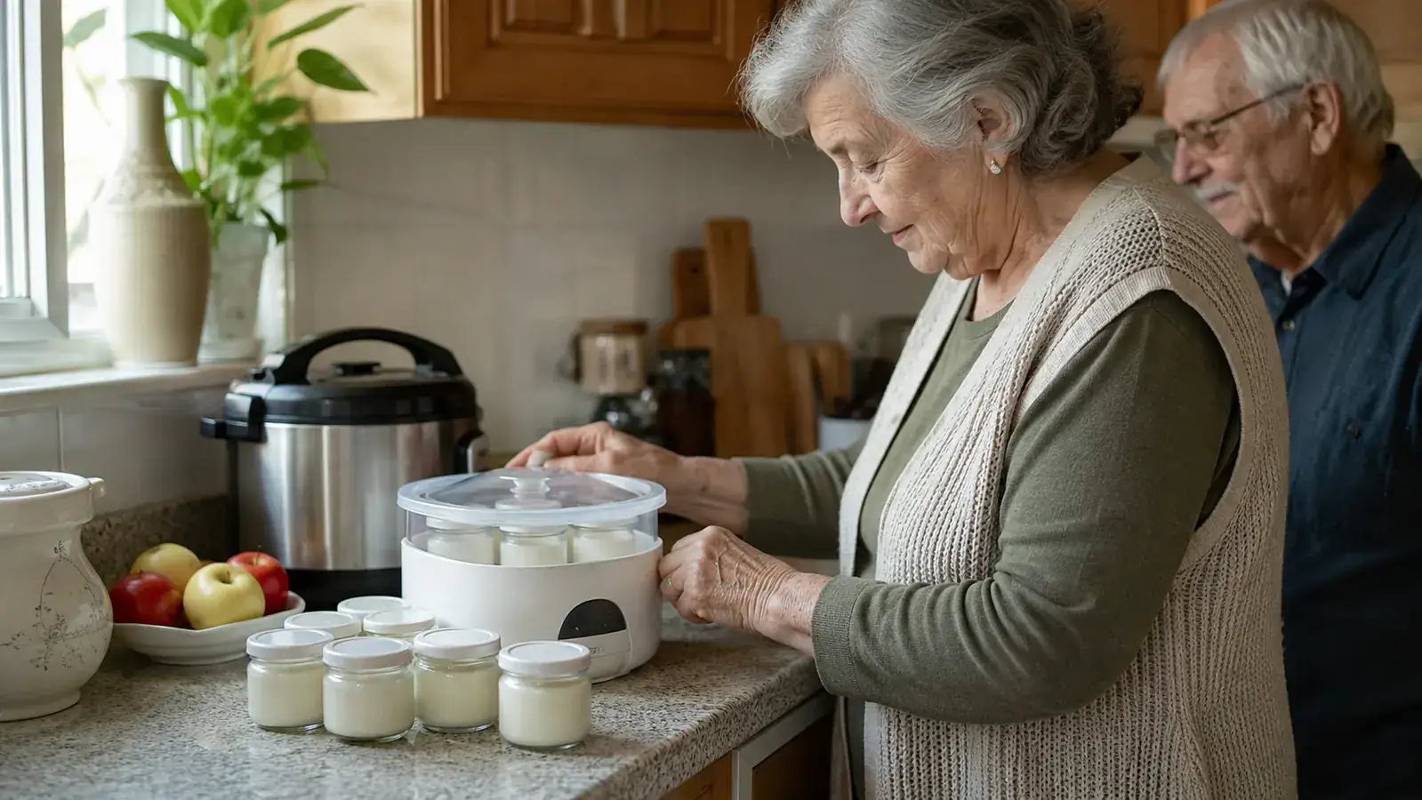 A small white electric yogurt maker with seven glass jars sitting on a kitchen counter next to an Instant Pot multicooker