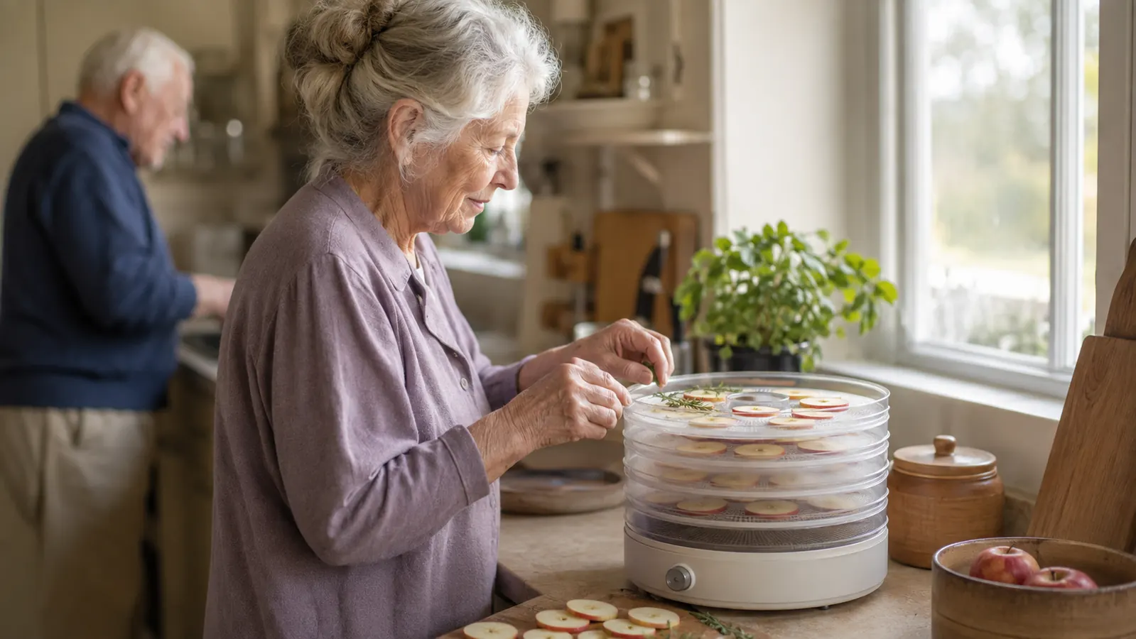 An older woman's kitchen counter with a round stacked food dehydrator running, trays of sliced apples and herb sprigs visible, morning light through a window