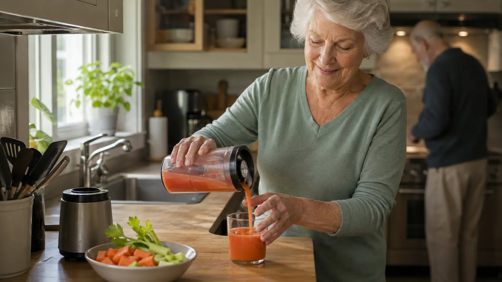 An older woman in a small kitchen pouring fresh orange-colored vegetable juice from a compact juicer cup into a glass, morning light through the window