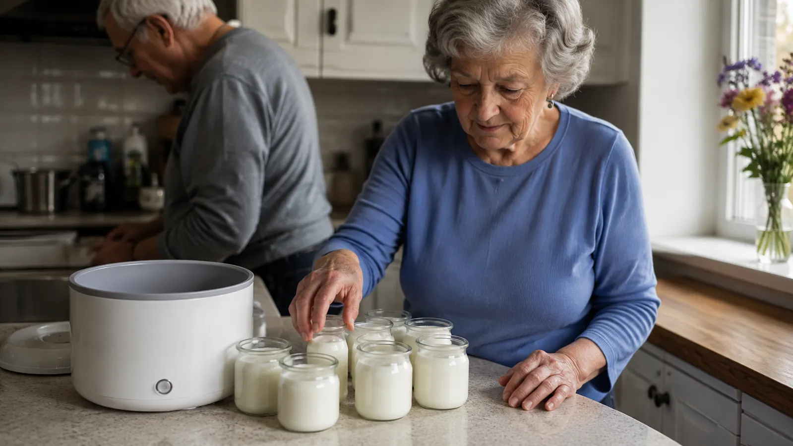 An older woman's small kitchen counter with a white electric yogurt maker and seven glass jars of plain yogurt in soft morning light