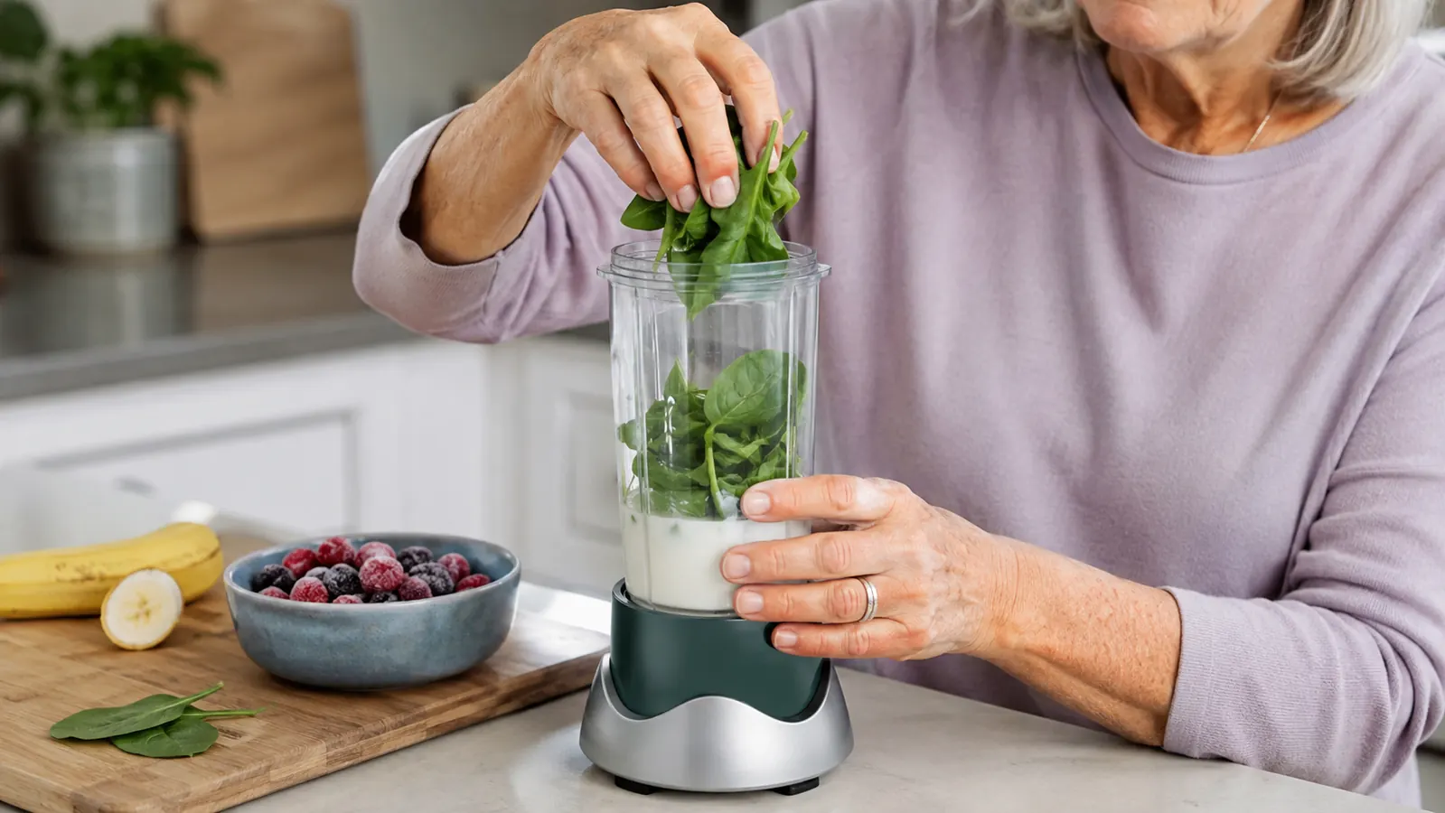 A hand adding spinach and frozen berries into a personal blender cup already holding liquid, on a kitchen counter