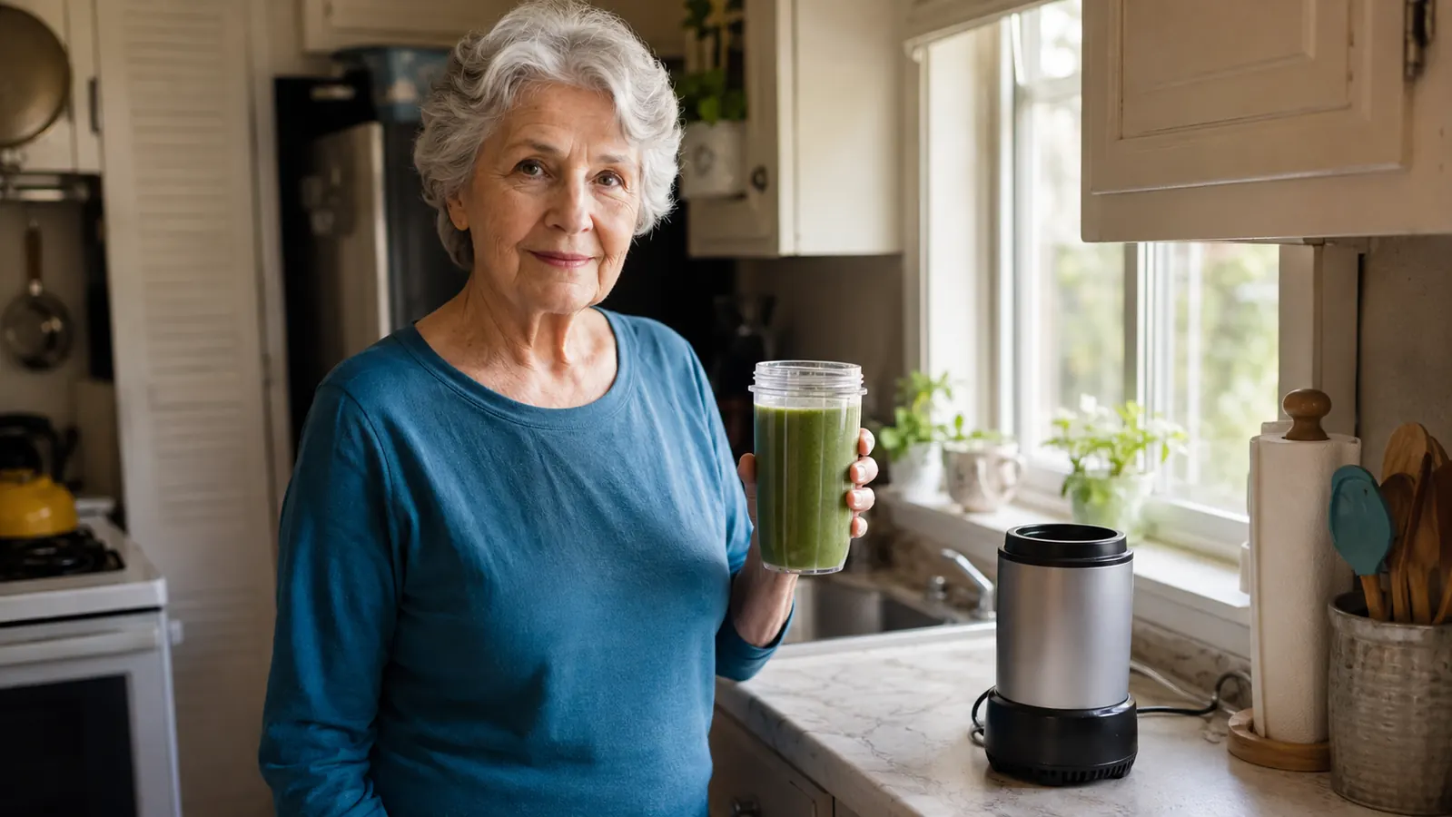 An older woman in a small kitchen holding a single-serving smoothie cup filled with a green smoothie, morning light through the window over three feet of counter
