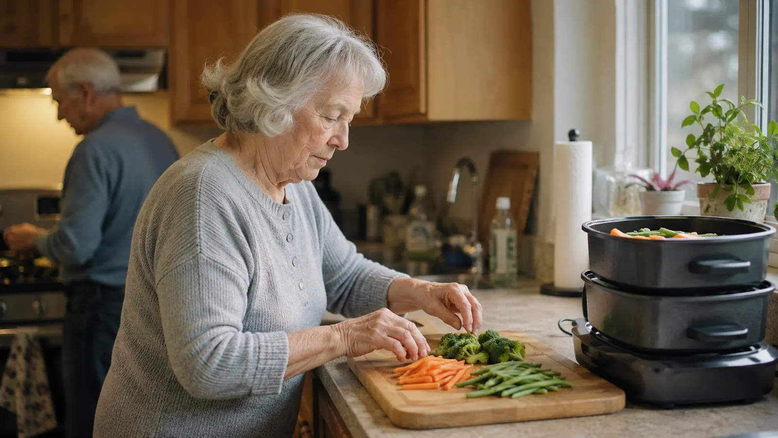 An older woman's hands arranging evenly cut carrots, broccoli, and green beans on a cutting board next to a black two tier steamer