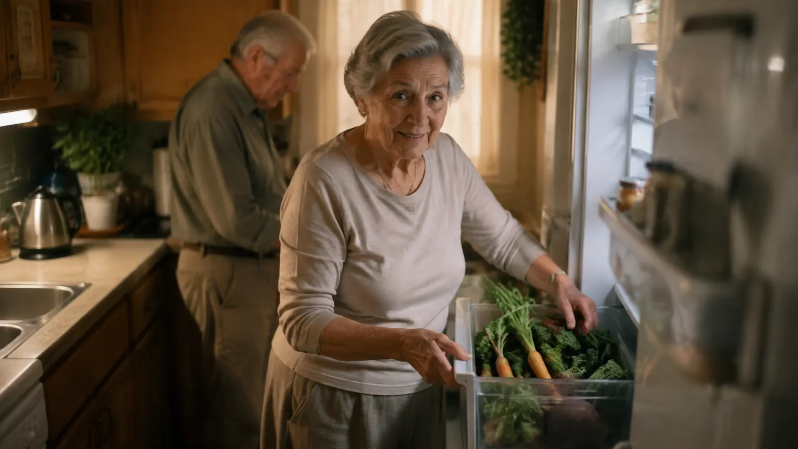 An older woman standing at a small kitchen counter looking into a crisper drawer of vegetables