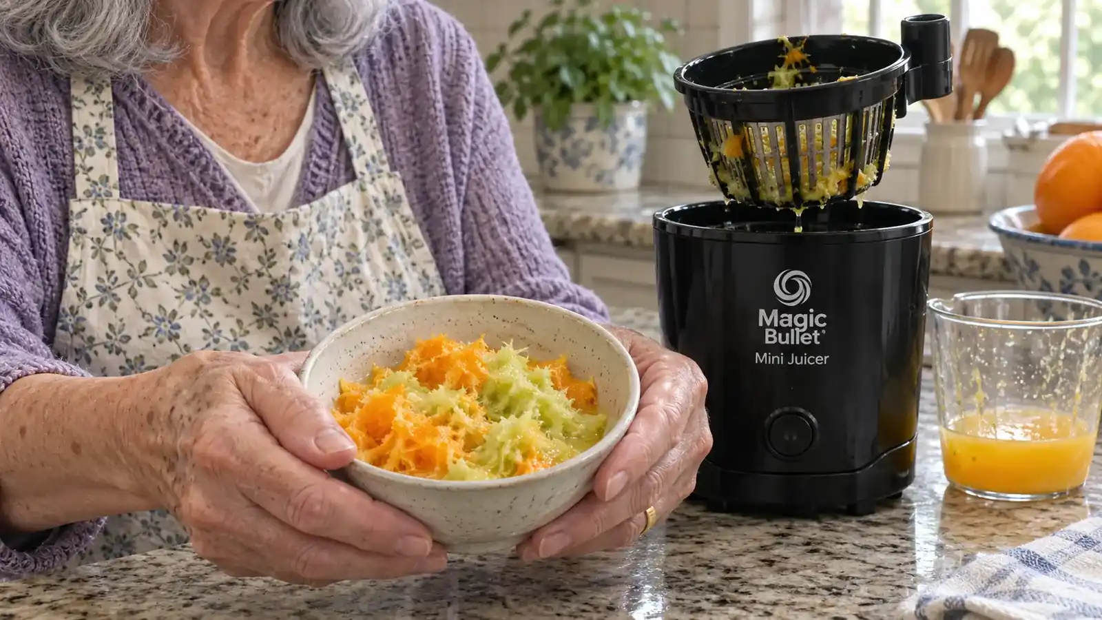An older woman's hands holding a small compost bowl of wet carrot and cucumber pulp next to a compact black juicer