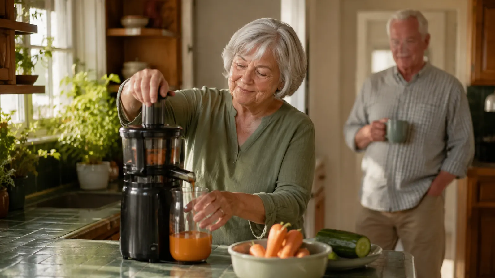 A small black countertop juicer sitting on a tidy kitchen counter near a bowl of carrots and cucumbers, morning light through a nearby window