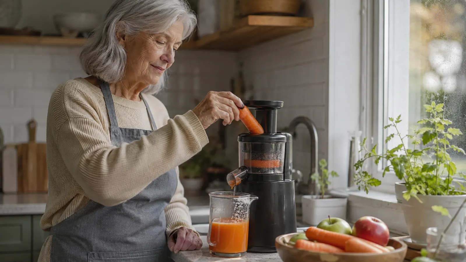 A compact black magic bullet Mini Juicer sitting on a small kitchen counter near a window next to a bowl of carrots and apples