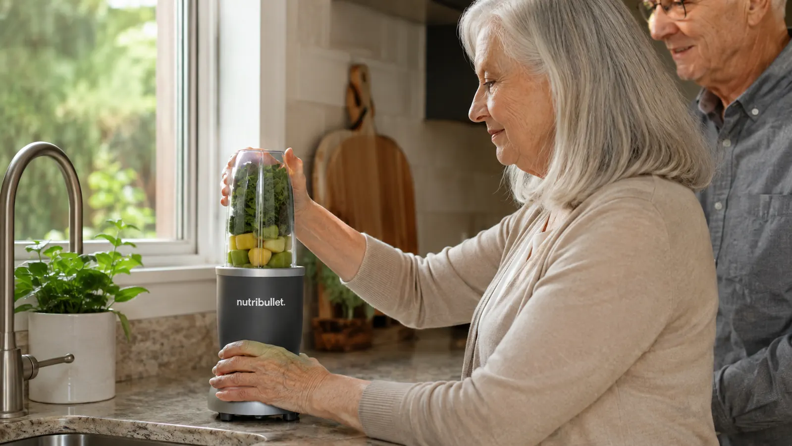 Weathered hands twisting the small blending cup onto its motor base on a narrow counter