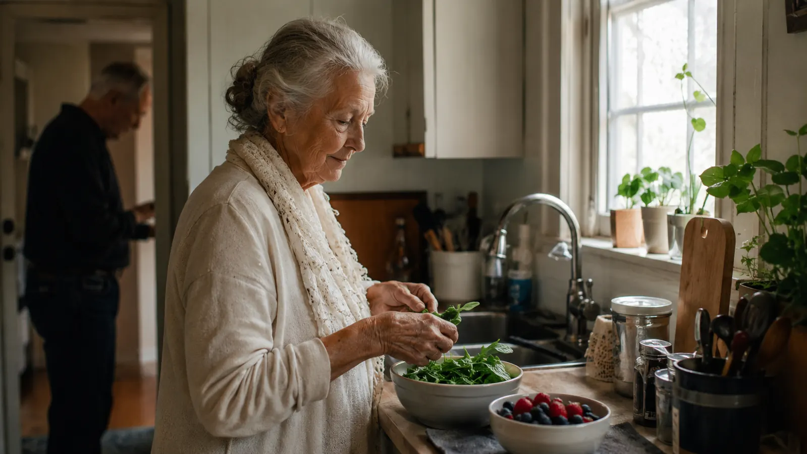 An older woman standing at a small kitchen counter in soft morning light, a compact personal blender within reach