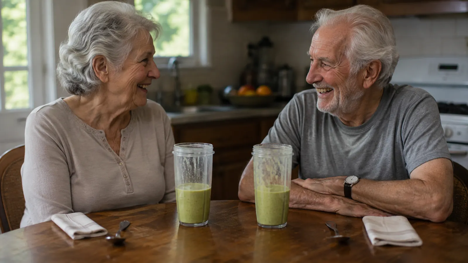 Two identical small blender cups filled halfway with smoothie sitting side by side on a kitchen table set for two