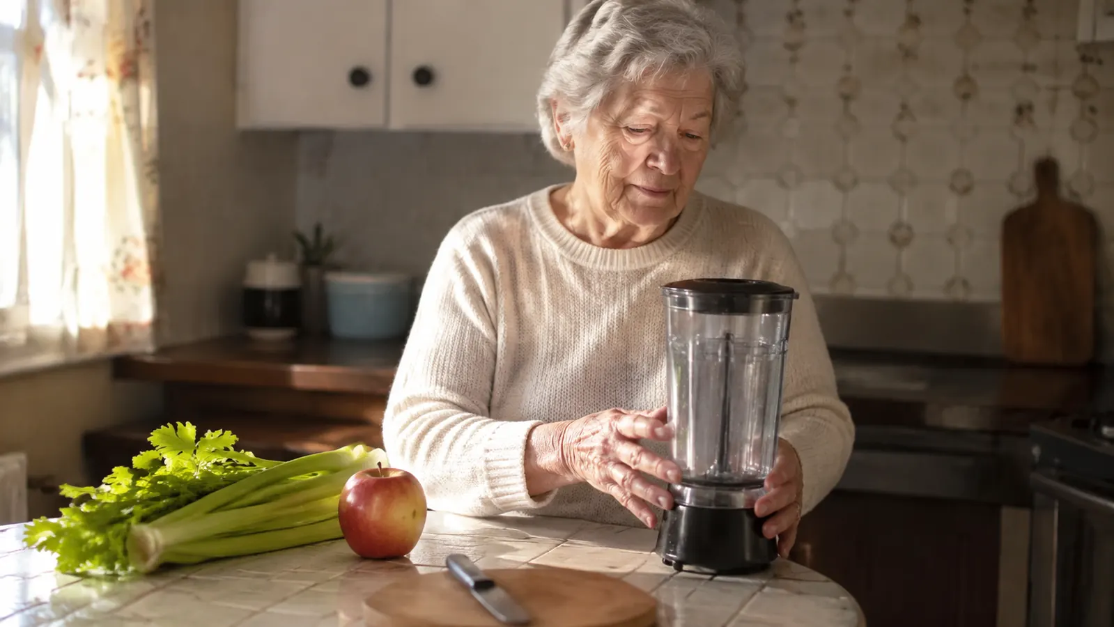 A small kitchen counter with a personal blender cup and a pile of unchopped celery stalks and a whole apple sitting beside it, a hand-written grocery list nearby