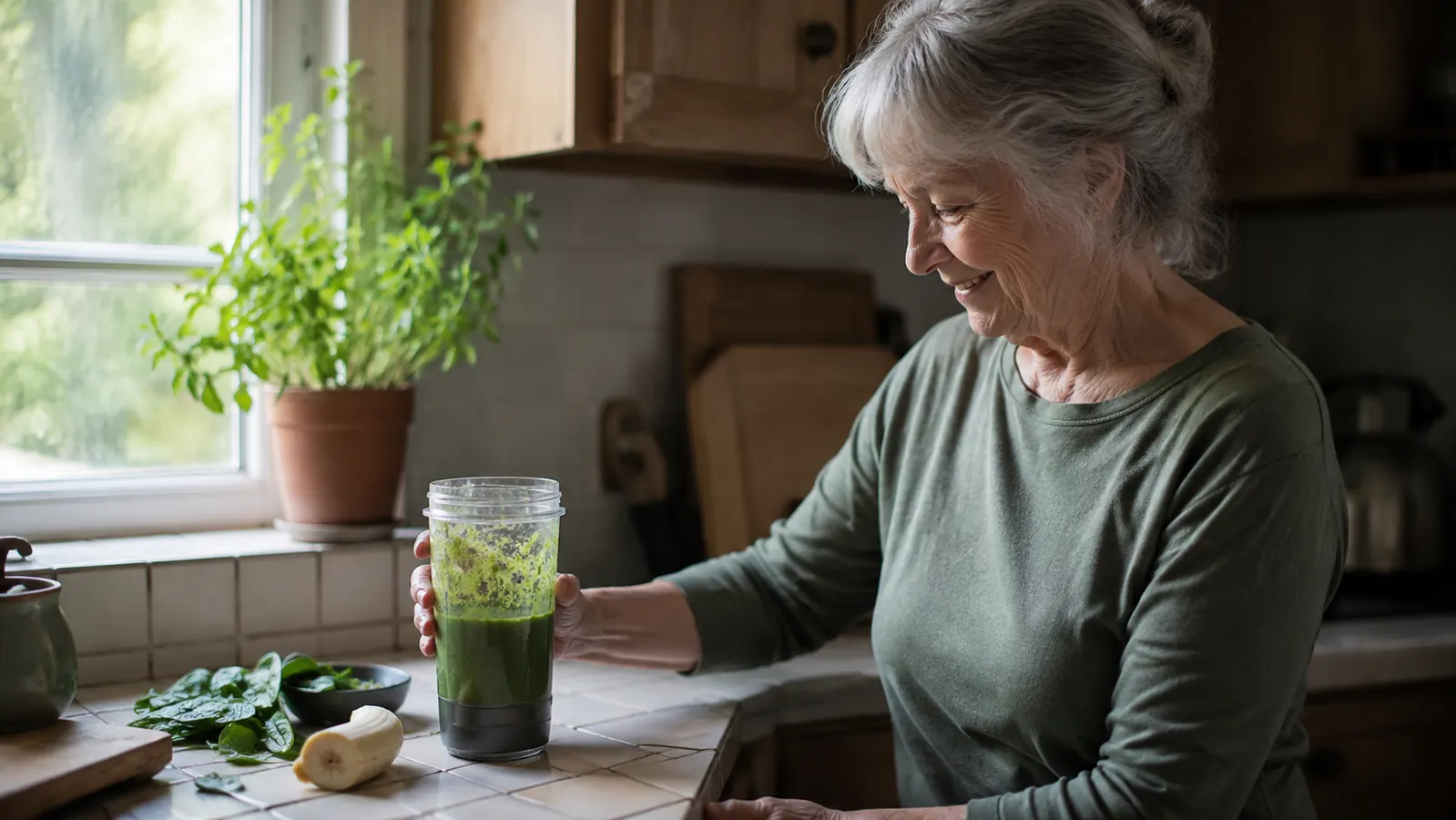 A dark gray personal blender cup filled with a green smoothie sitting on a small kitchen counter beside a window