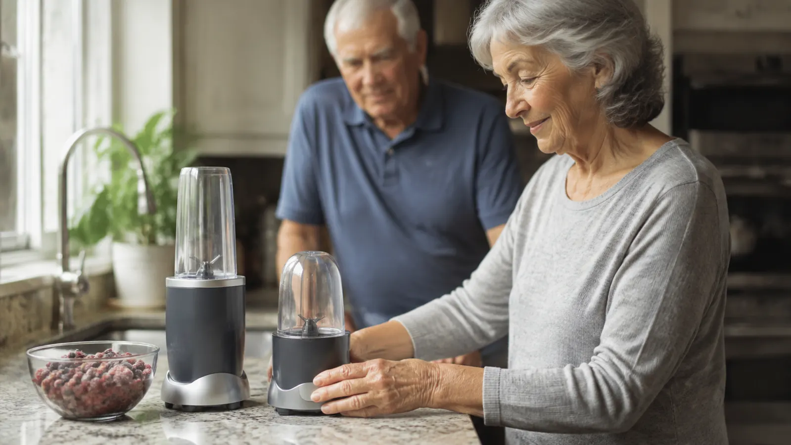 A NutriBullet Personal Blender and an older compact personal blender sitting side by side on a small kitchen counter