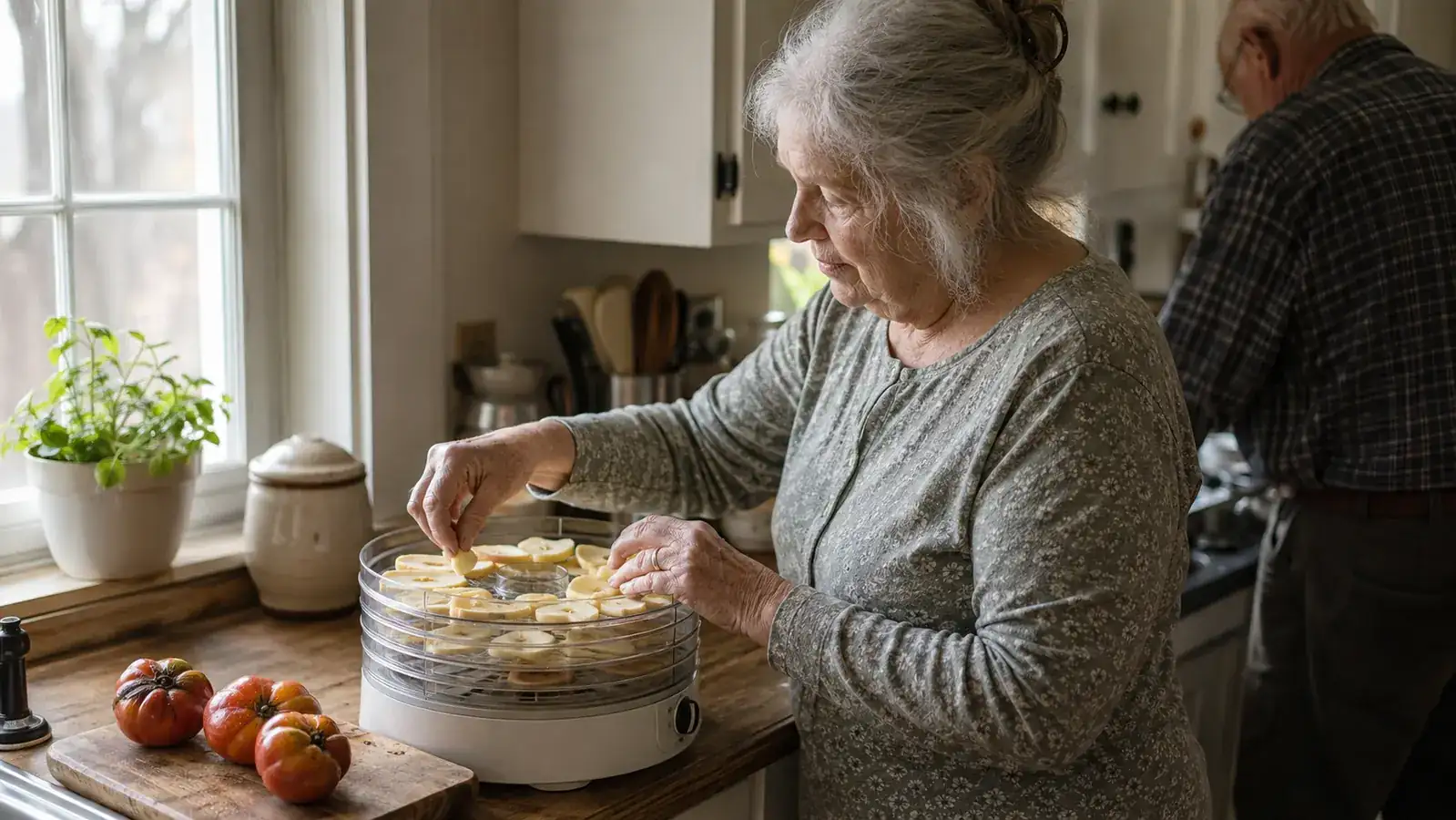 An older woman standing at a small kitchen counter loading sliced apples onto the trays of a round electric food dehydrator
