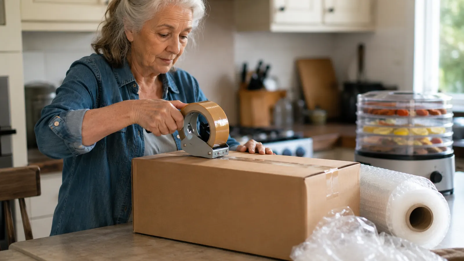 A cardboard shipping box being taped shut on a kitchen counter with a stacked dehydrator visible in the background