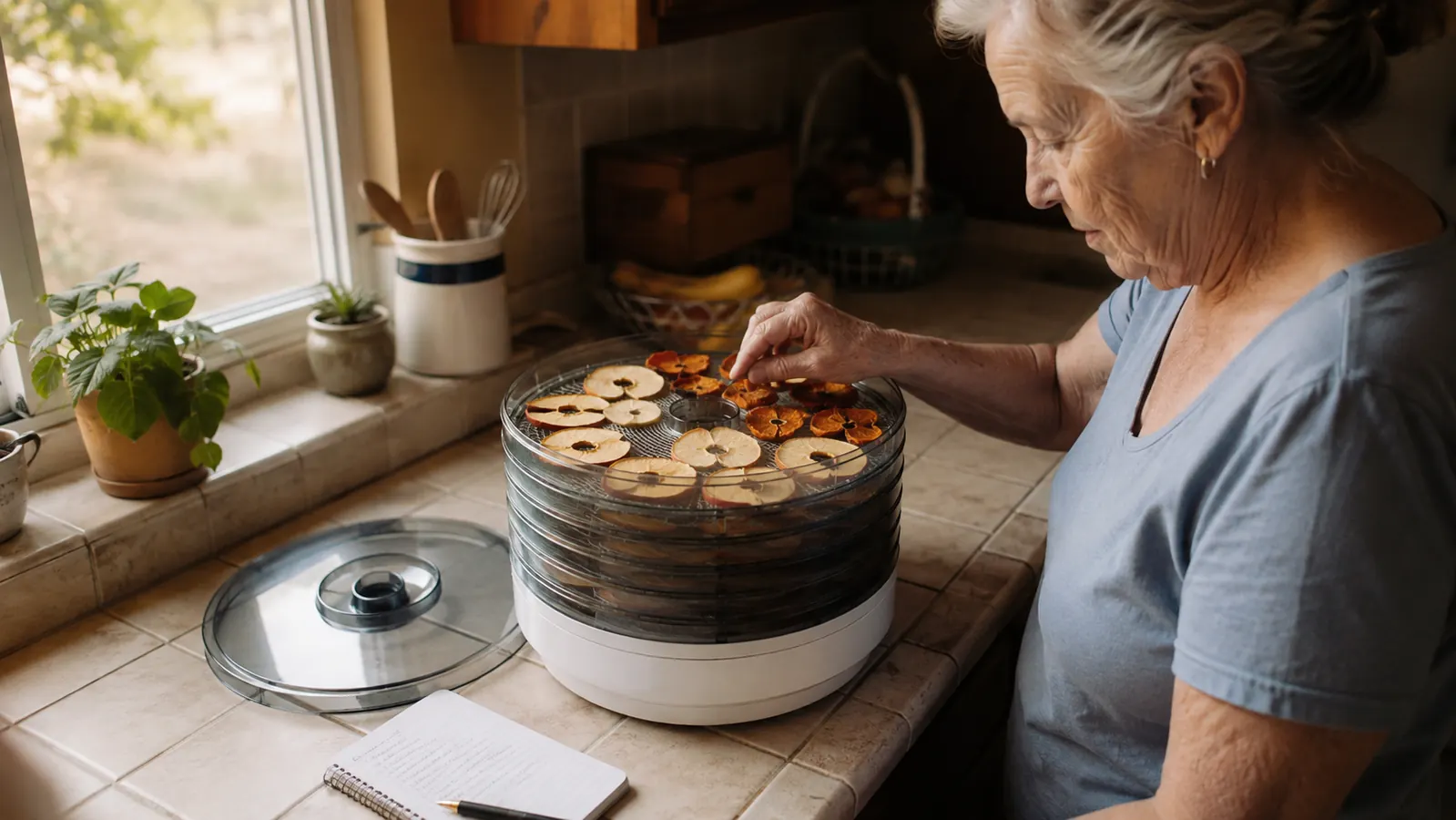 A round stacked food dehydrator sitting on a small kitchen counter with the lid off and a hand checking a tray