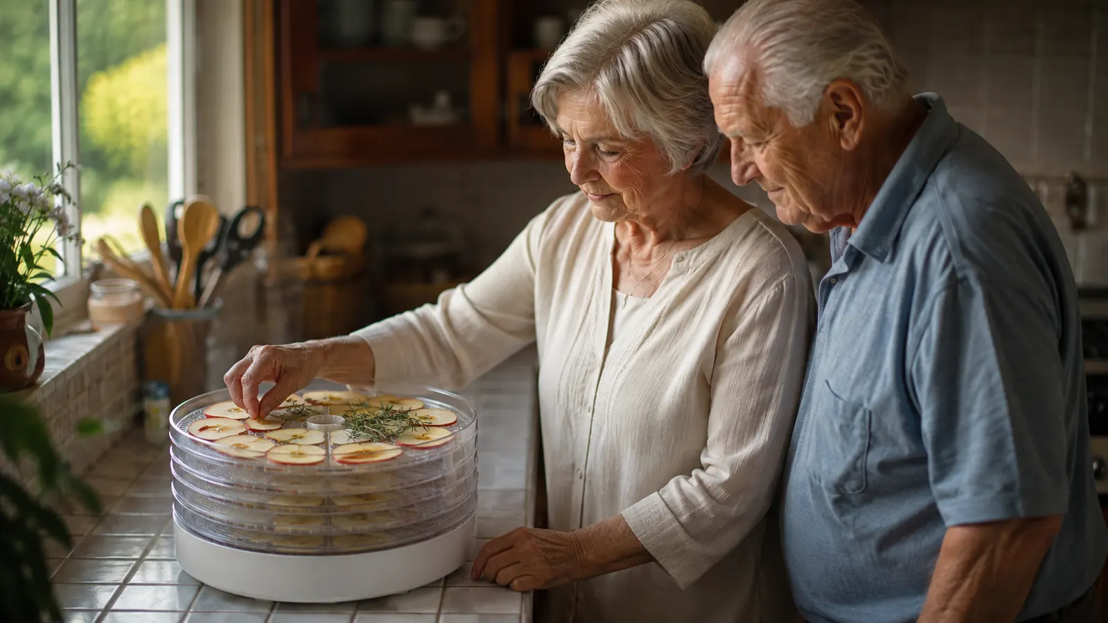 A round stacked food dehydrator running on a small kitchen counter with sliced apples visible through the trays