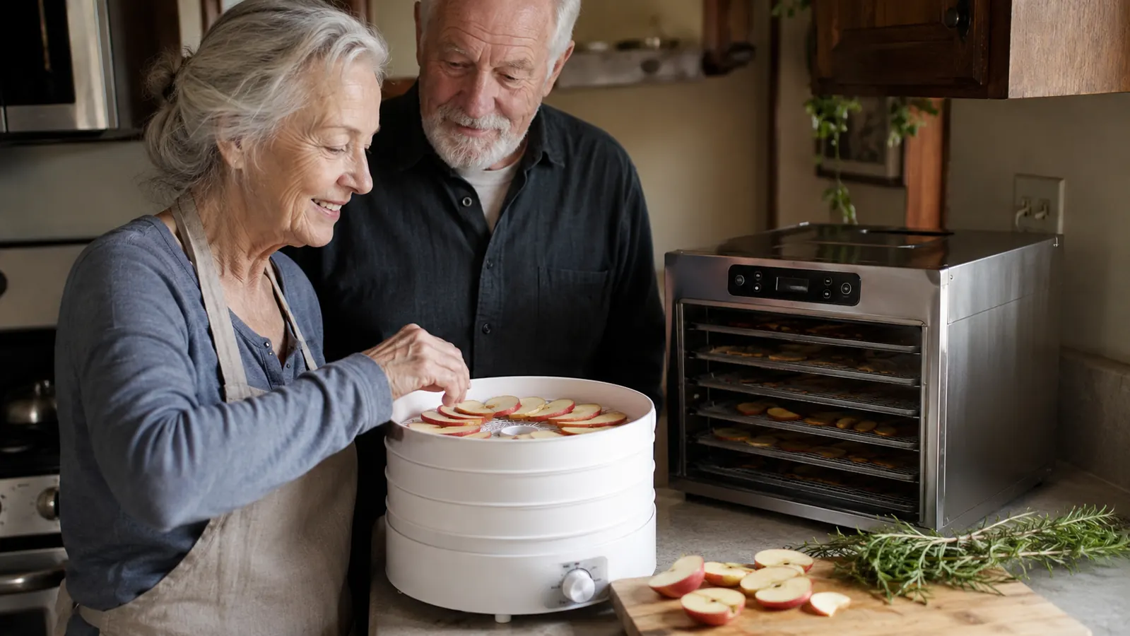 A round stacking Presto food dehydrator and a square digital Cosori food dehydrator sitting side by side on a small kitchen counter